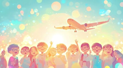 Cartoon illustration of a group of cheerful and smiling children wearing pilot glasses, with an airplane flying in the sky on a rainbow background