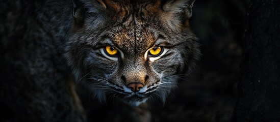 Obraz premium Intense close-up of a lynx with piercing yellow eyes in a dark forest.