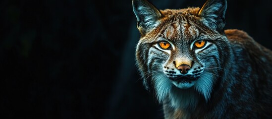 Obraz premium Intense portrait of a lynx with glowing eyes in the dark.