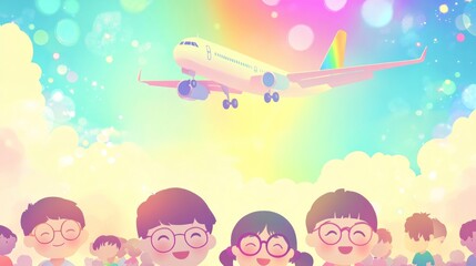 Cartoon illustration of a group of cheerful and smiling children wearing pilot glasses, with an airplane flying in the sky on a rainbow background