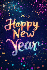 3D '2025' Glowing Text with Colorful Light Effect, Glitter, and Bokeh Effects for New Year Celebration, Happy New Year Concept, Flat Lay Banner in Cartoon Style, 8K Hyperrealistic Illustration