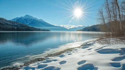 A serene view of the snowy mountains lit by the bright sunlight, with crisp air and clear skies.