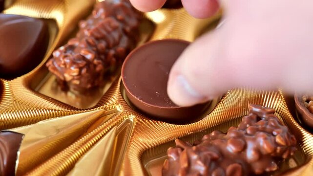 Chocolate candies assortment .Hand takes candy close-up.Box of chocolates close-up rotation.Sweet dessert. 4k footage