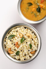 South Indian Food Ven Pongal Khara Pongal with Sambar popular breakfast food of Tamil Nadu festival Pongal Sankranti Diwali spicy pongal prepared with rice and lentil