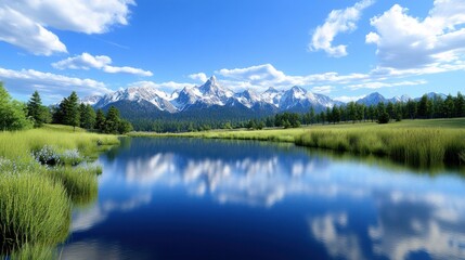 Naklejka premium Scenic mountain landscape with a tranquil river and lush greenery.