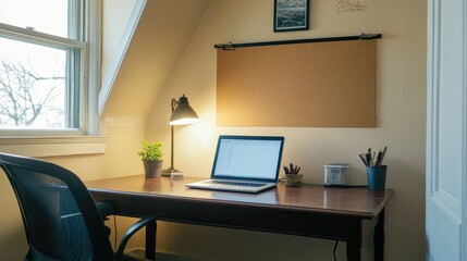 A small office nook featuring a corkboard, a laptop, and a desk lamp.