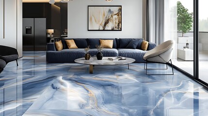 Stunning Blue Marble Effect Floor in Modern Living Room
