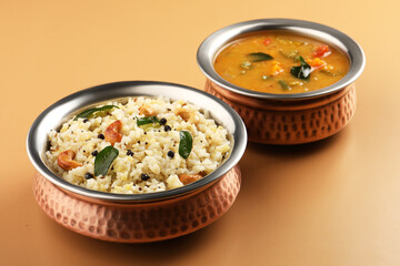 South Indian Food Ven Pongal Khara Pongal with Sambar popular breakfast food of Tamil Nadu festival Pongal Sankranti Diwali spicy pongal prepared with rice and lentil