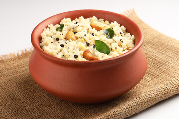 South Indian Food Ven Pongal Khara Pongal with Sambar popular breakfast food of Tamil Nadu festival Pongal Sankranti Diwali spicy pongal prepared with rice and lentil