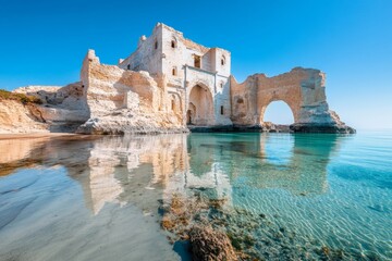 A serene shot of Failaka Island archaeological ruins, with the Arabian Gulf waves gently lapping at the shore