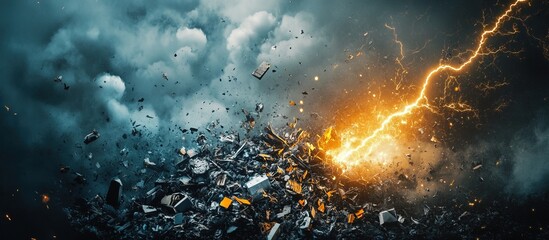 Lightning strikes amid a storm with dark clouds and debris.