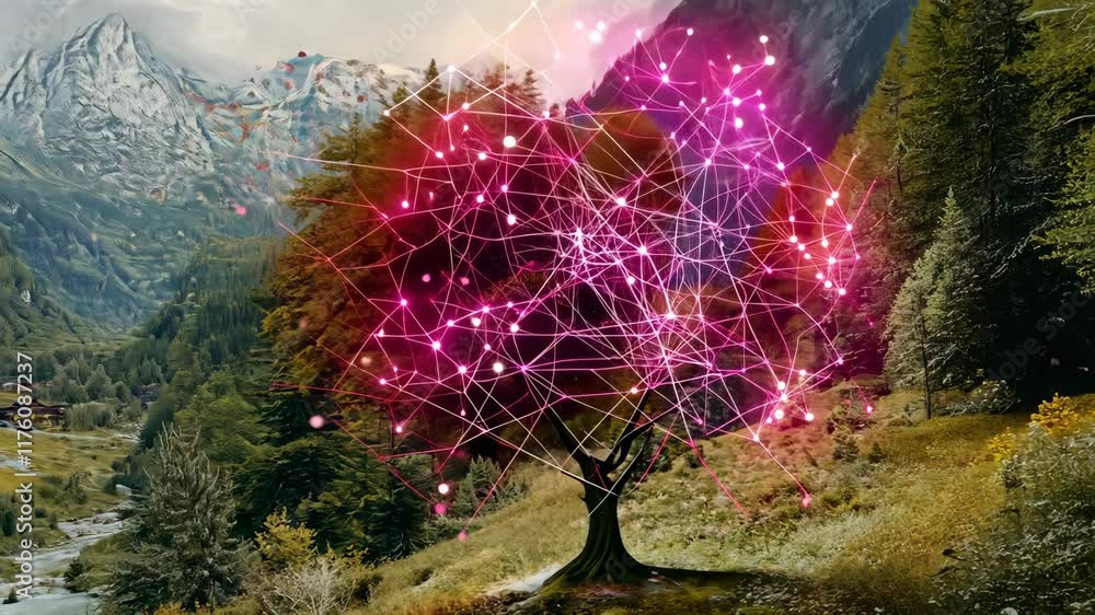 Poster colorful tree with glowing network patterns in a mountainous landscape during daytime