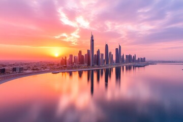 A stunning aerial view of a highway cutting through Kuwait City, with skyscrapers lining the horizon