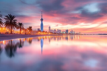 Naklejka premium A stunning view of the Kuwait Towers against a glowing sunset, with their iconic blue patterns reflecting in the nearby water