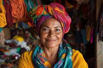 Fototapeta premium A traditional Guna woman wearing colorful molas (handcrafted textiles) in a bustling village market in Panama