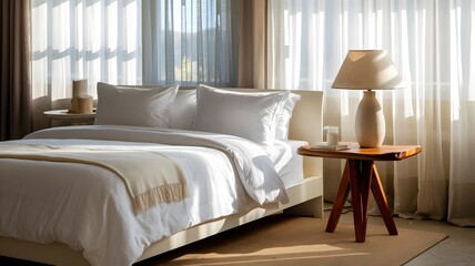 Sunlit Bedroom with White Bed and Minimalist Wooden Table