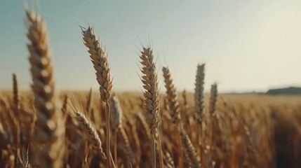 Close-up of golden wheat stalks swaying in a field under a clear sky.