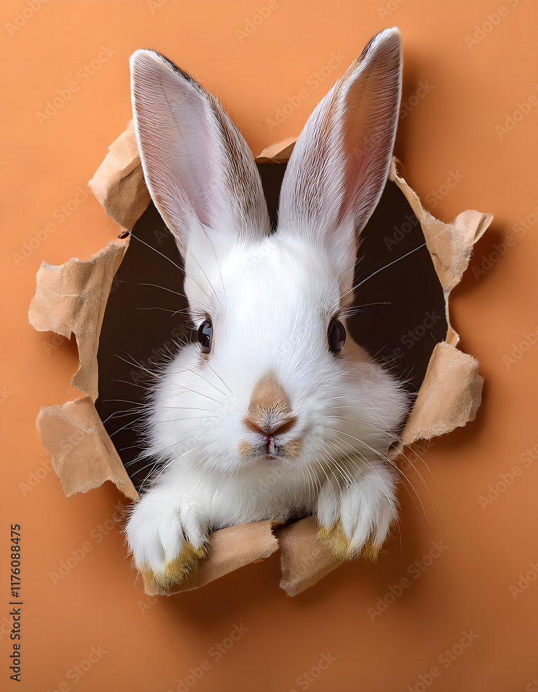 Poster a white rabbit with brown spots peers through a torn hole in an orange background, creating a playfu