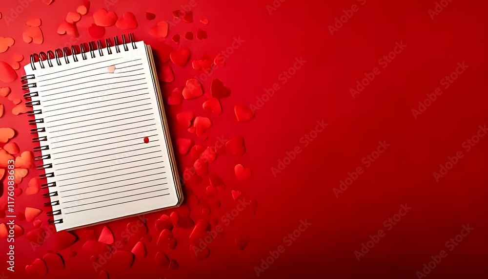 Poster red heart-shaped confetti is scattered around a notebook on a red surface with space on the left.