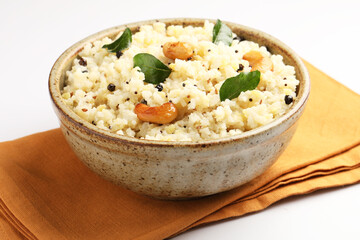 South Indian Food Ven Pongal Khara Pongal with Sambar popular breakfast food of Tamil Nadu festival Pongal Sankranti Diwali spicy pongal prepared with rice and lentil