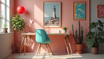 A stylish workspace features a light pink wall adorned with framed art, including a lighthouse print. The scene is brightened by natural light, showcasing a modern desk, vibrant plants, and a cheerful