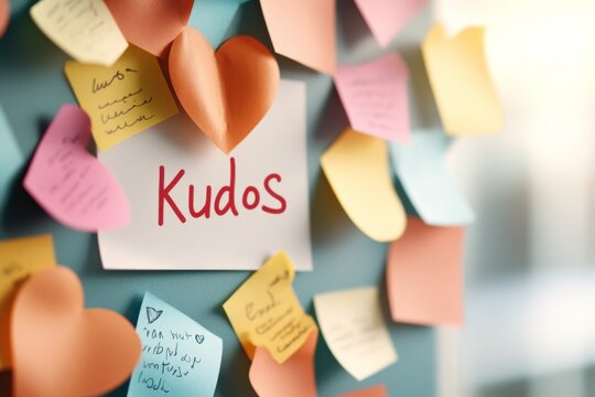 A well-designed "Kudos" poster pinned on an office bulletin board, with colorful sticky notes showing appreciation messages from colleagues
