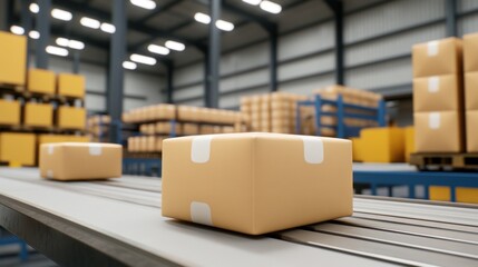 Packages on a conveyor belt in a warehouse setting.