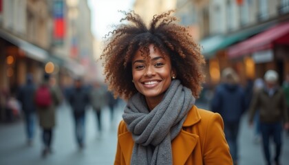 Fototapeta premium A cheerful young woman with beautiful curly hair and a cozy gray scarf stands confidently in a lively urban street. Her radiant smile captures the essence of joy and connection amidst the vibrant