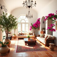 A stunning living room that embodies a bright and inviting atmosphere. Seating Area. Coffee Table. Natural Light. Floral Arrangements. Flooring. Ceiling. Decor.