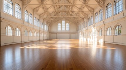 Obraz premium Spacious indoor hall with wooden floor and large windows.