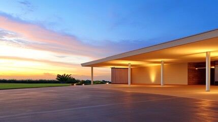 Fototapeta premium Modern architectural design at sunset with open space.