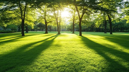 Obraz premium Dew-drenched green grass in a serene morning setting, with warm sunlight casting gentle shadows.