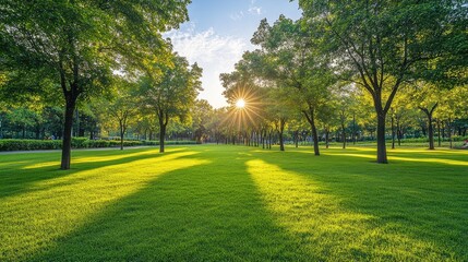 Dew-drenched green grass in a serene morning setting, with warm sunlight casting gentle shadows.