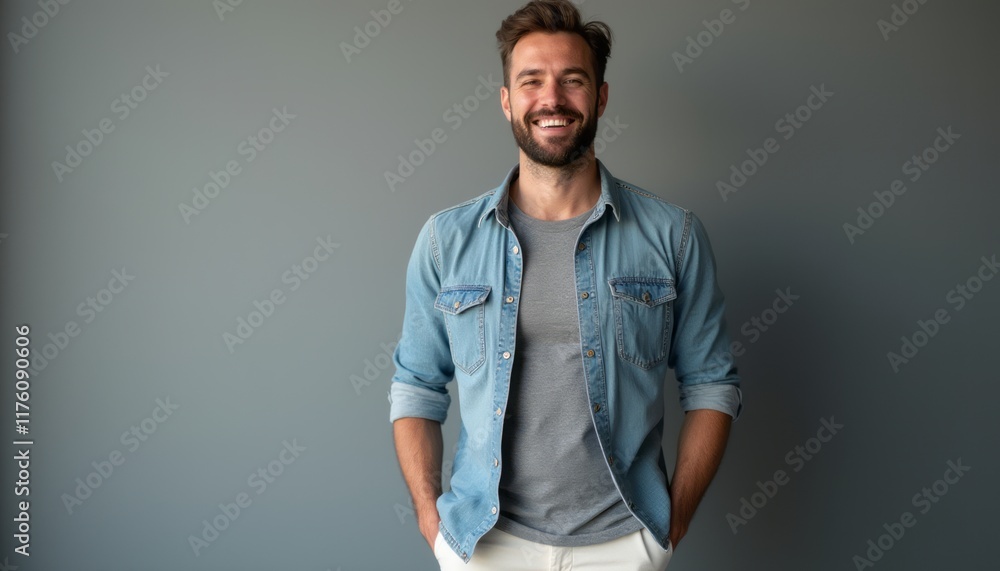 Canvas Prints A cheerful man with a well-groomed beard stands confidently, hands in pockets, against a soft gray backdrop. His casual denim shirt and relaxed demeanor radiate positivity and approachability, making