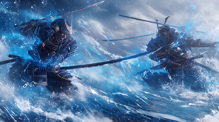 Samurai, Japan, Japanese, ninja, katana, Japanese sword, duel, art, scene, cool, luminous, magic circle, mandala, emotion, sunset, beauty, war, battle, armor, warrior, snow, mountain, Fuji,