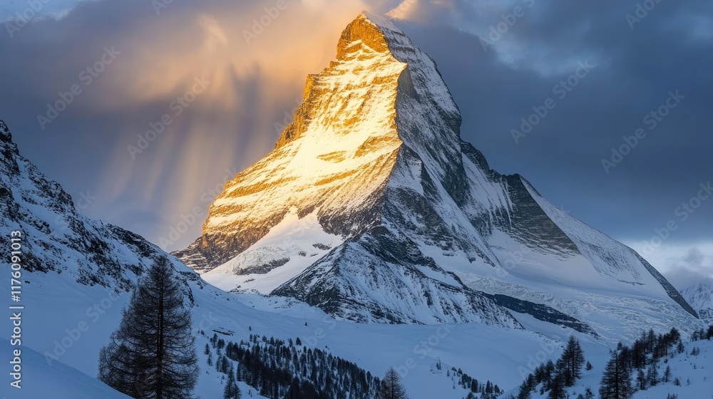 Poster sunlight streaming through a break in the clouds to illuminate a snow-draped mountain peak.