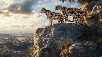Obraz premium Majestic Cheetahs on a Clifftop at Sunset