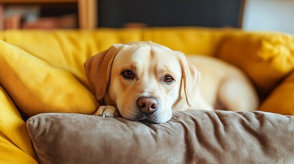 Adorable Labrador Retriever Resting on a Cozy Yellow Couch