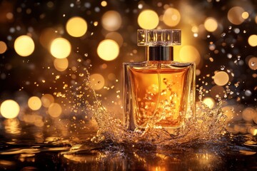 Perfume Bottle Splashing in Golden Light