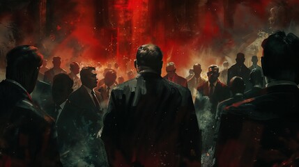 Shadowy silhouette of businessman facing crowd of corrupt executives in dark suits against dramatic red backdrop, symbolizing corporate conspiracy and power dynamics.