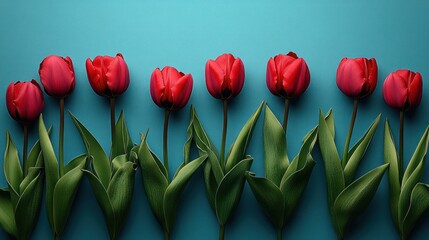 Row of red tulips on blue background.