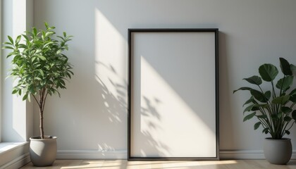 A sleek, empty black frame stands against a soft, light-colored wall, surrounded by vibrant potted plants. The interplay of natural light and shadows creates a serene atmosphere, inviting creativity