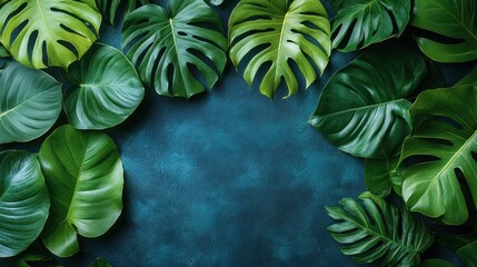 Fototapeta premium Lush green leaves arranged on a textured blue background, creating a vibrant natural aesthetic.