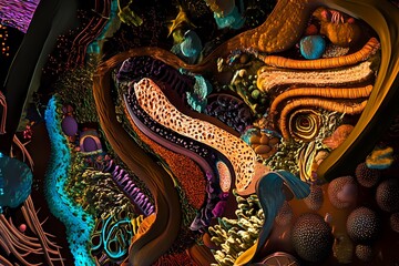 Fototapeta premium Surreal Wallpaper and Background of Microbiota in the Human Gut