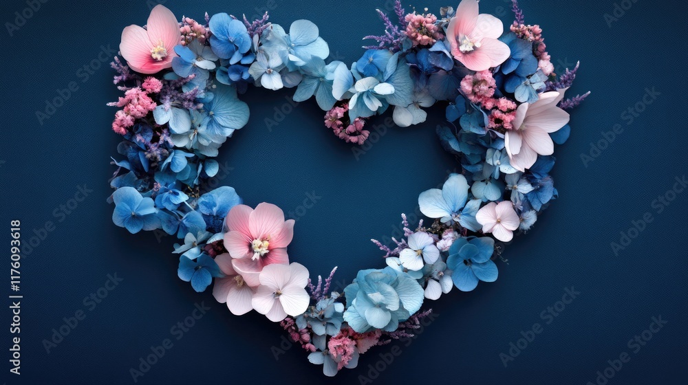 Poster a beautiful floral heart design on a deep blue background, featuring delicate blooms in soft hues to