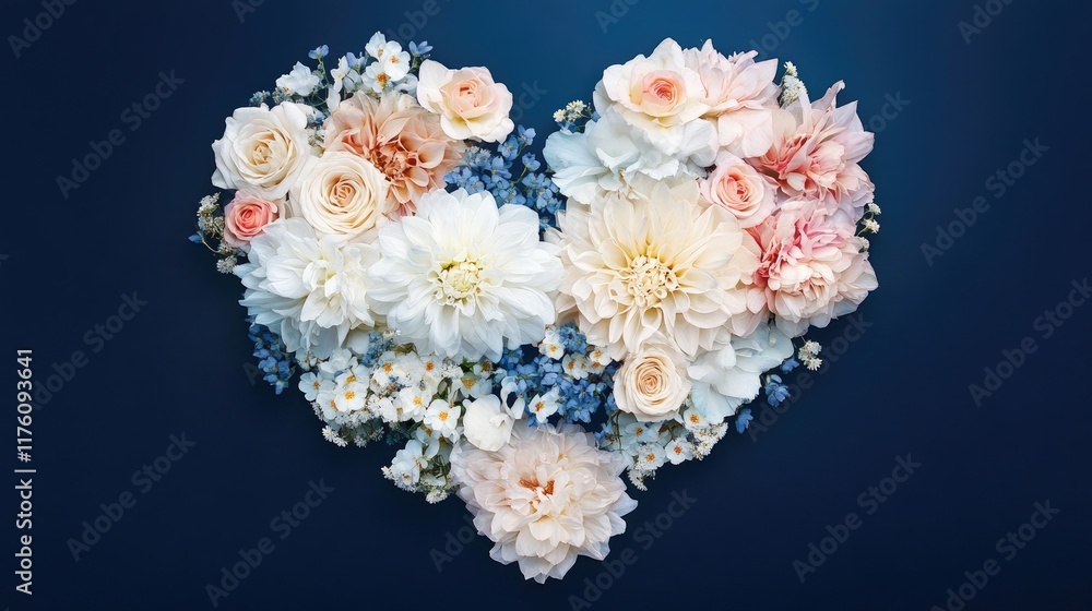 Poster a beautiful floral heart design on a deep blue background, featuring delicate blooms in soft hues to