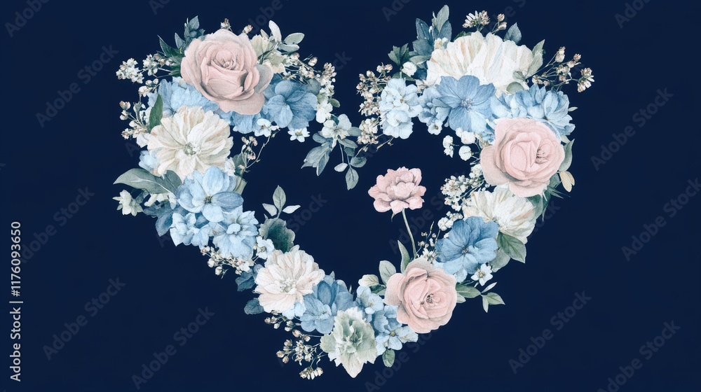 Poster a beautiful floral heart design on a deep blue background, featuring delicate blooms in soft hues to