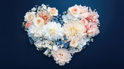A beautiful floral heart design on a deep blue background, featuring delicate blooms in soft hues to create an elegant and heartfelt display.