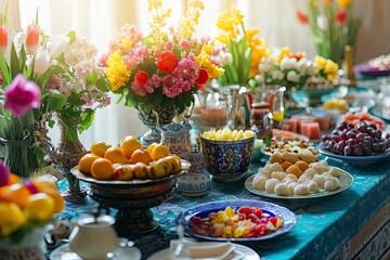 Fototapeta premium Haft Seen traditional table of Nowruz. Persian new year decoration,Tabletop with Haft-seen elements for Novruz, Cultural feast.Traditional celebration of spring in March, Novruz Holiday.