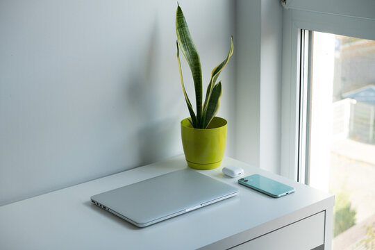Silver laptop, white earbuds, green smartphone and green plant on a white desk - Powered by Adobe